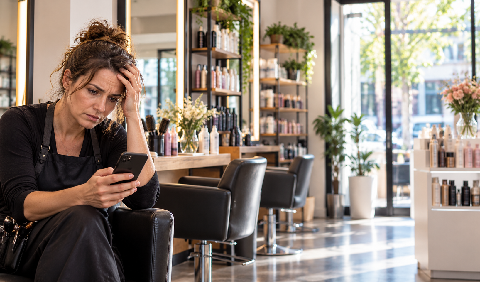 Saloninhaberin sitzt im leeren Salon und schaut auf ihr Telefon